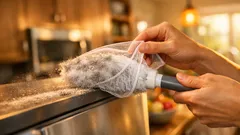 This sink strainer net hack keeps your fluffy duster clean and makes dusting faster